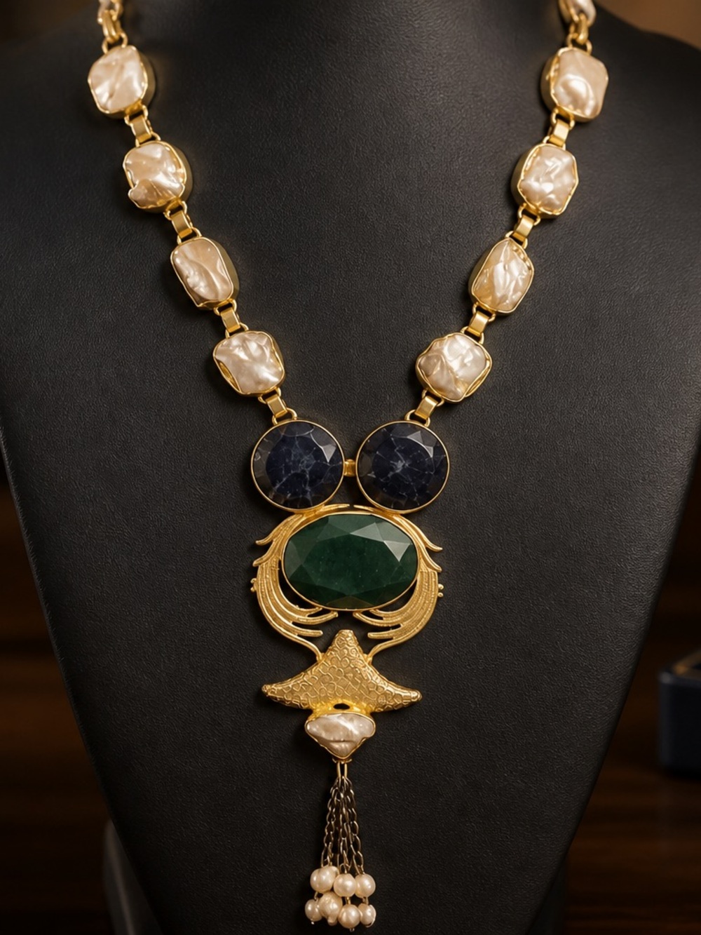Dramatic Gold Statement Necklace with Irregular Pearls, Lapis & Malachite